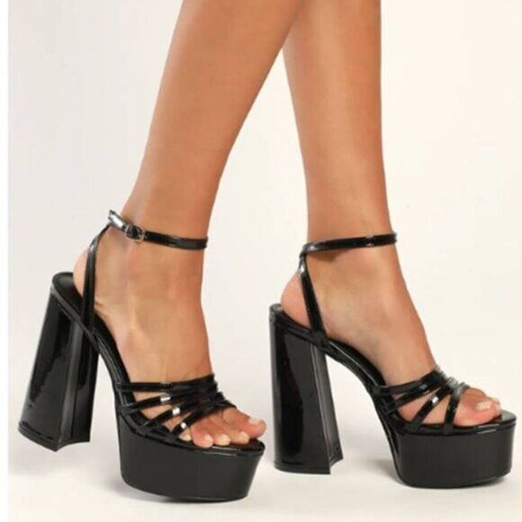 Lulus Women's Shiny Platform Sandals Strappy Chunk‎ Heels Black Size 6 - Picture 4 of 5